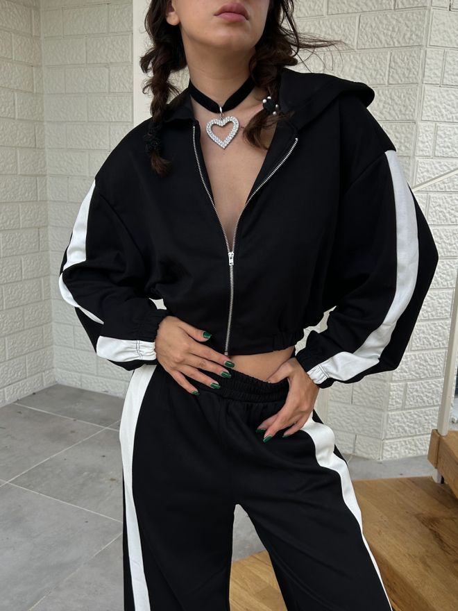 First Angels Black Modal Striped Zippered Hooded Sweatshirt 28216 Wholesale Clothing Casual