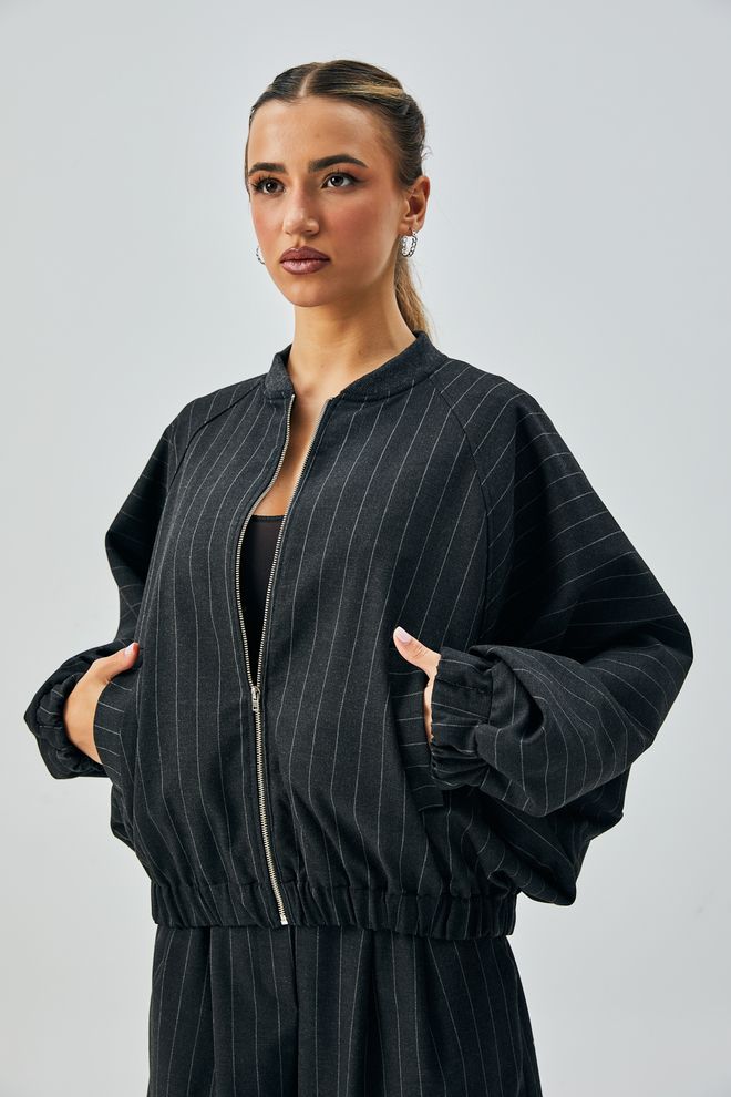 First Angels Black Wool Polyviscose Striped Zippered Oversize Bomber Jacket 28075 Wholesale Clothing Casual