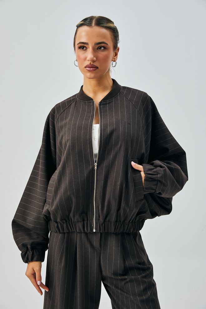 First Angels Brown Wool Polyviscose Striped Zippered Oversize Bomber Jacket 28075 Wholesale Clothing Casual