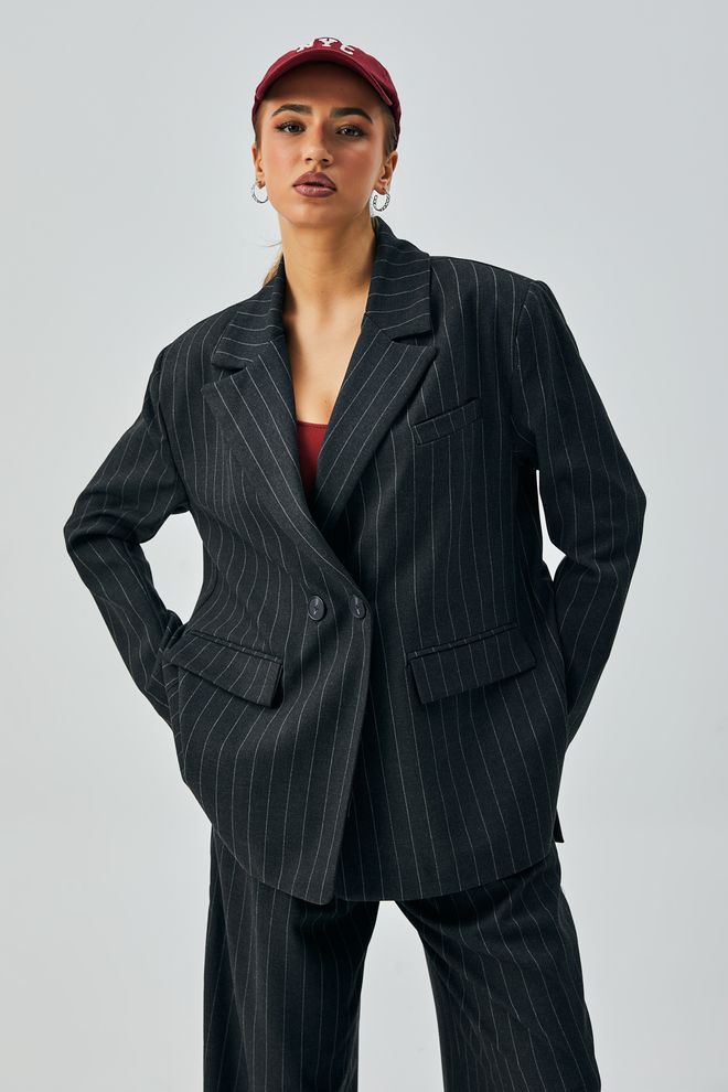 First Angels Black Wool Polyviscose Striped Double Breasted Buttoned Blazer Jacket 28076 Wholesale Clothing Casual