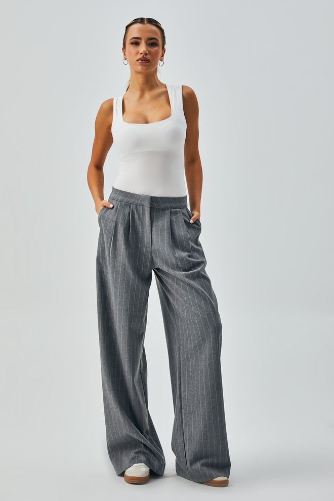 First Angels Gray Wool Polyviscose Striped Palazzo Trousers 28078 Wholesale Clothing Casual