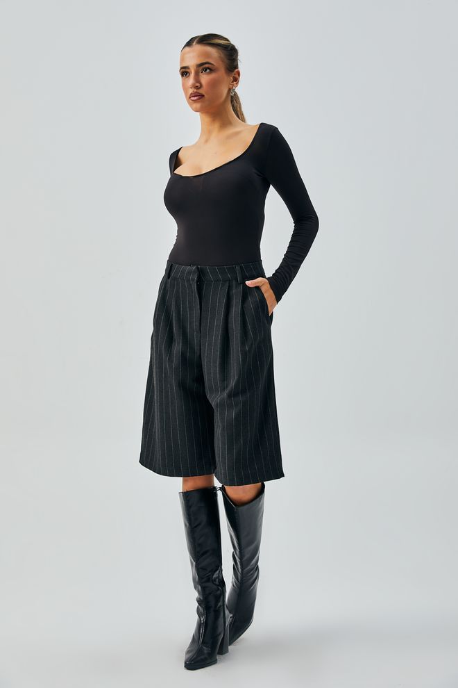 First Angels Black Wool Polyviscose Striped Bermuda Shorts 28237 Wholesale Clothing Lycra