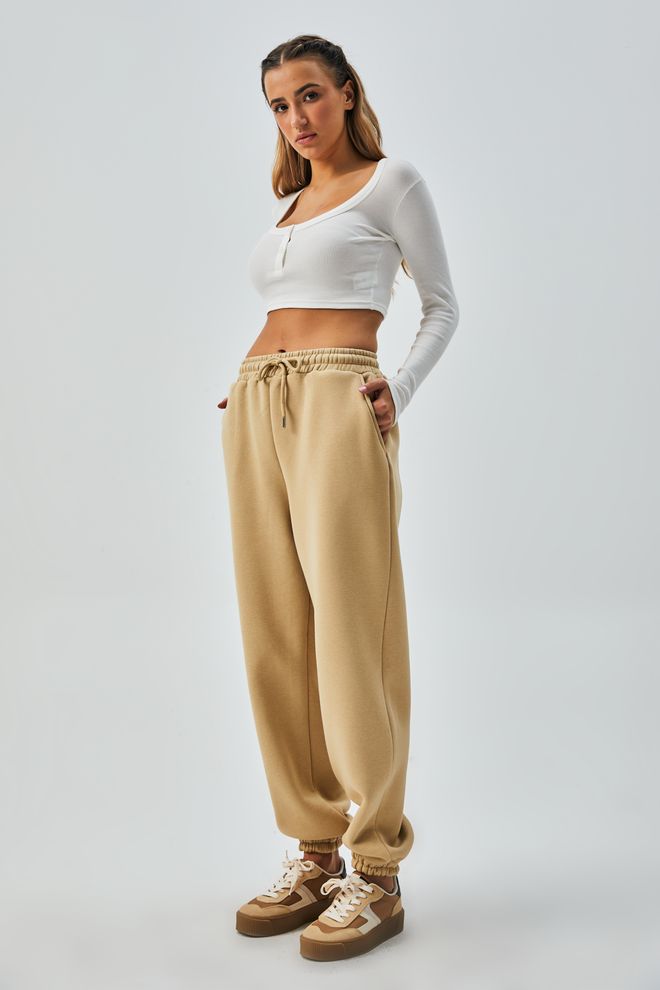 First Angels Pantaloni Sportivi Basic Rialzati Elasticizzati Beige Sabbia 28221 Abbigliamento all'ingrosso Sportivo