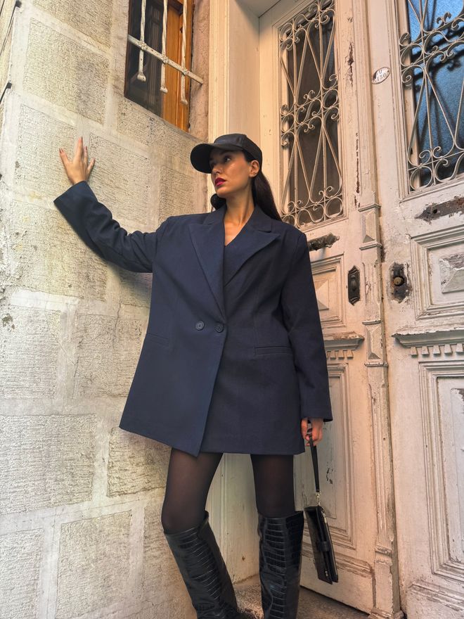 First Angels Navy Blue Raised Polyviscose Oversize Jacket 28265 Wholesale Clothing Casual
