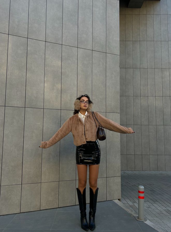 First Angels Camel Lined Collarless Short Fur Coat 28363 Wholesale Clothing 2