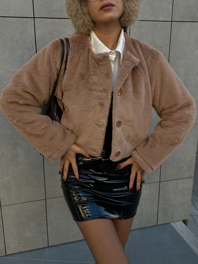 First Angels Camel Lined Collarless Short Fur Coat 28363 Wholesale Clothing 4