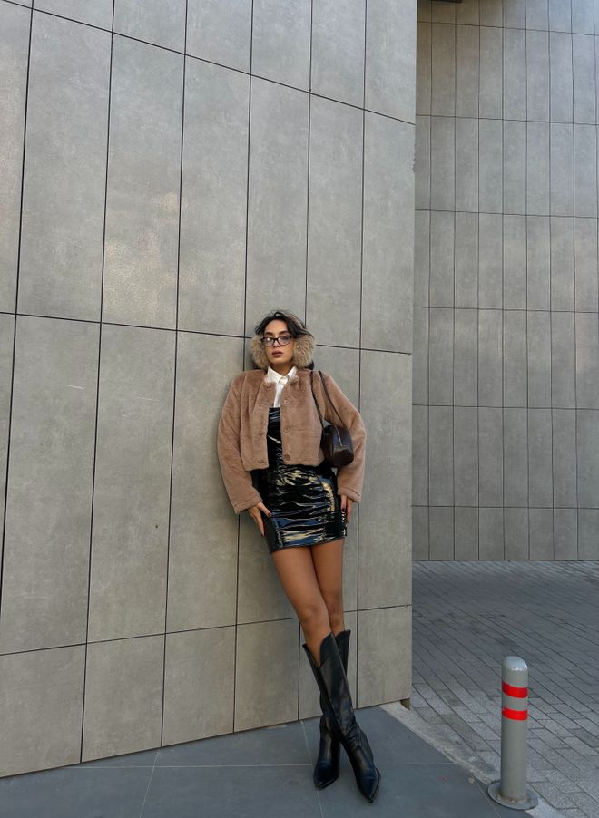 First Angels Camel Lined Collarless Short Fur Coat 28363 Wholesale Clothing 5