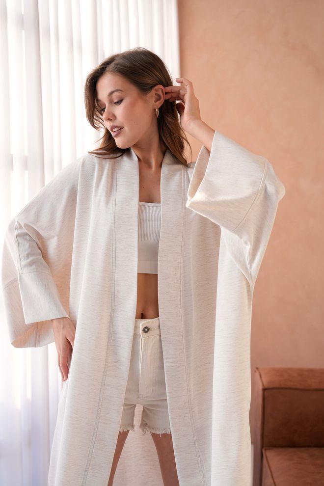 First Angels Natur Linen Back Embroidered Pearl Detailed Long Kimono Jacket 29002 Wholesale Clothing 6