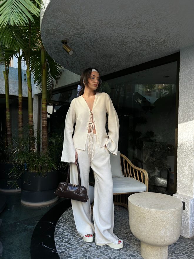 First Angels Beiges Set Aus Hemd Und Hose Mit Konturnähten Aus 100% Modal 29014 Großhandelskleidung Lässig