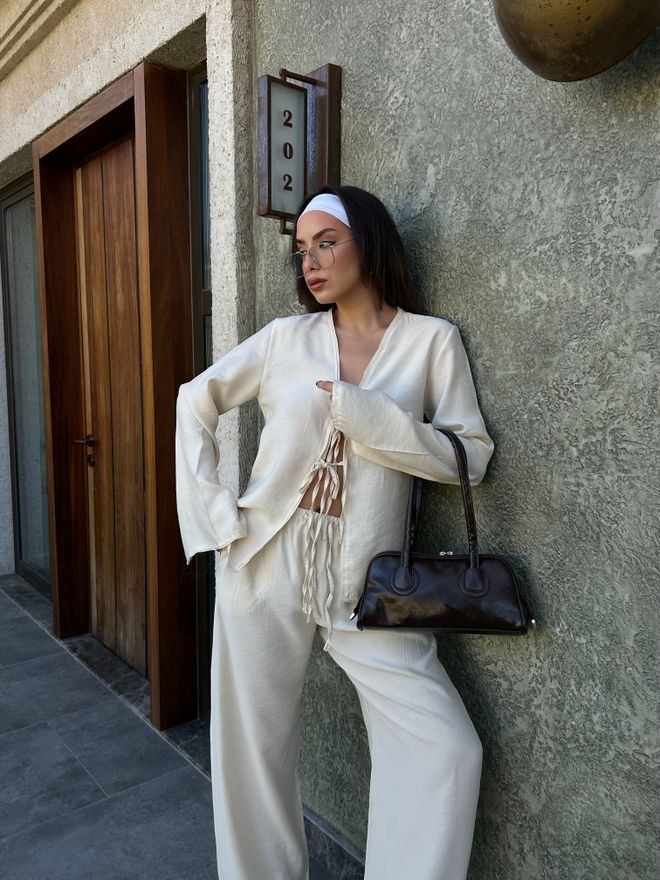 First Angels Beiges Set Aus Hemd Und Hose Mit Konturnähten Aus 100% Modal 29014 Großhandelskleidung Strand