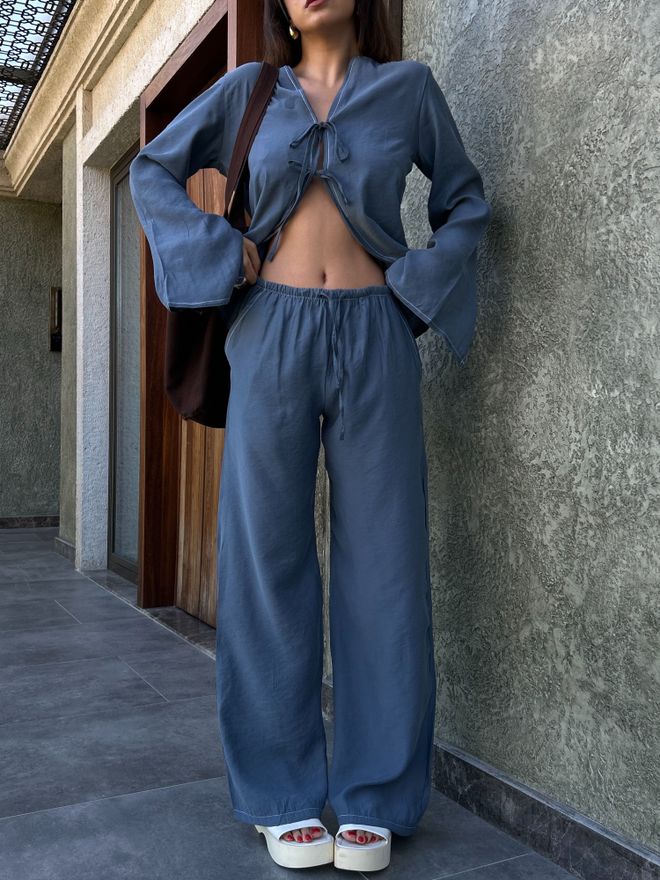 First Angels Indigofarbenes Set Aus Hemd Und Hose Mit Konturnähten Aus 100% Modal 29014 Großhandelskleidung 5