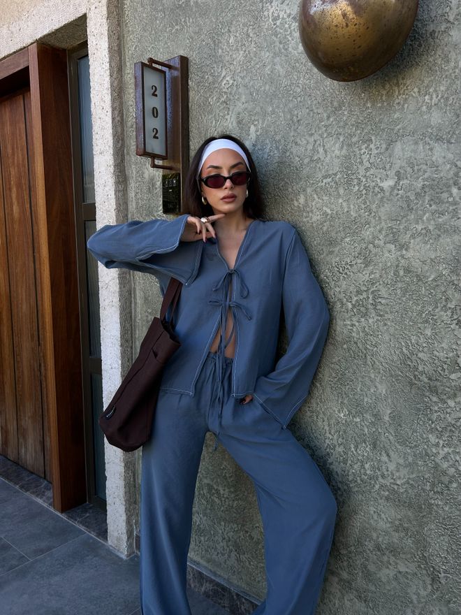 First Angels Indigofarbenes Set Aus Hemd Und Hose Mit Konturnähten Aus 100% Modal 29014 Großhandelskleidung Dating