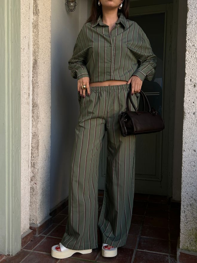 First Angels بدلة بنطلون وقماش فيسكوز مخطط باللون الأخضر 29046 ملابس بالجملة نايلون