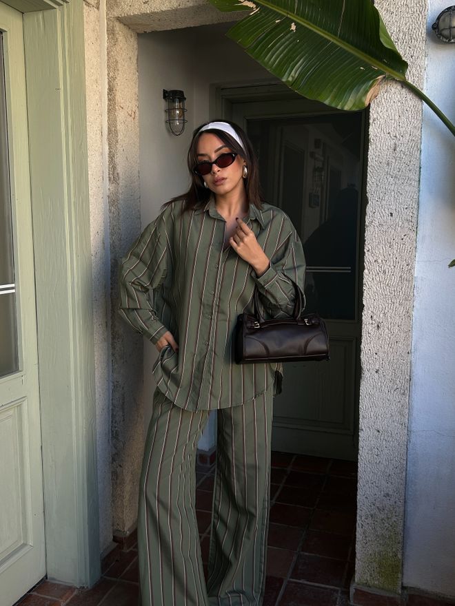 First Angels بدلة بنطلون وقماش فيسكوز مخطط باللون الأخضر 29046 ملابس بالجملة فسكوزي