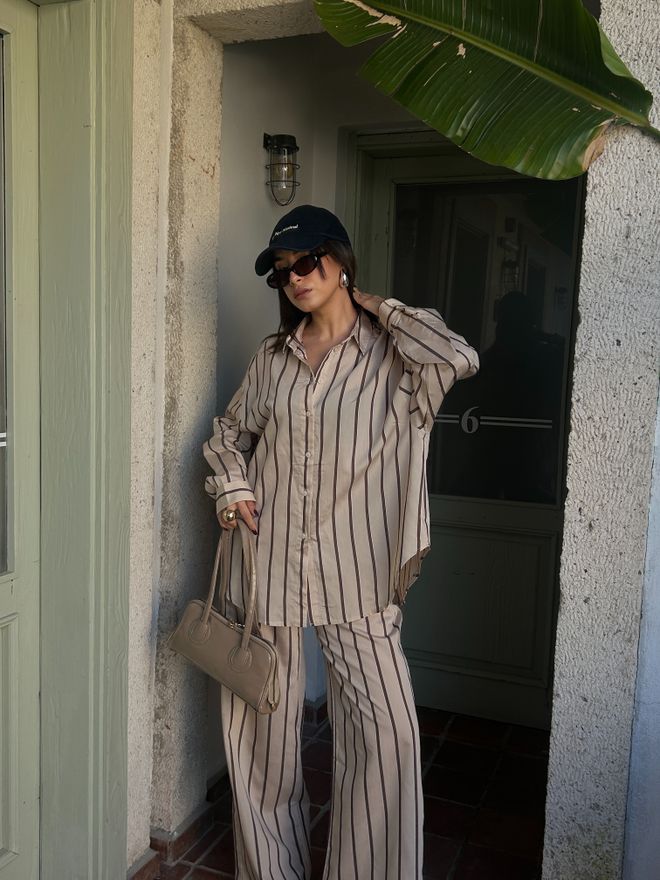 First Angels طقم قميص وبنطال من قماش الفسكوز مخطط باللون البيج 29046 ملابس بالجملة 4