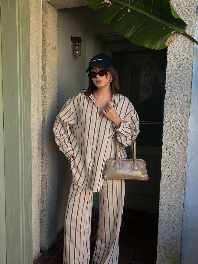 First Angels طقم قميص وبنطال من قماش الفسكوز مخطط باللون البيج 29046 ملابس بالجملة فسكوزي