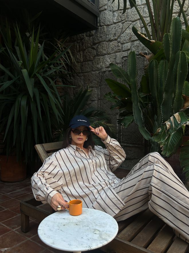 First Angels طقم قميص وبنطال من قماش الفسكوز مخطط باللون البيج 29046 ملابس بالجملة مواعدة