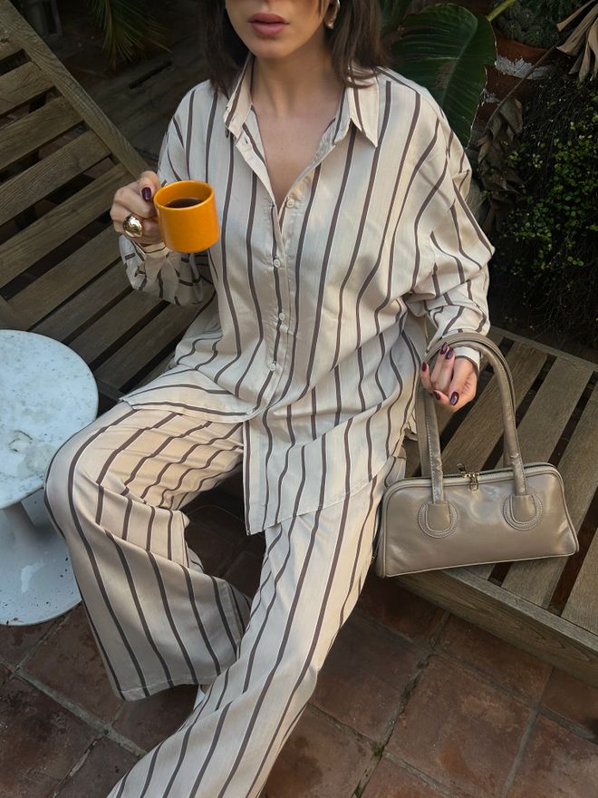 First Angels طقم قميص وبنطال من قماش الفسكوز مخطط باللون البيج 29046 ملابس بالجملة 7