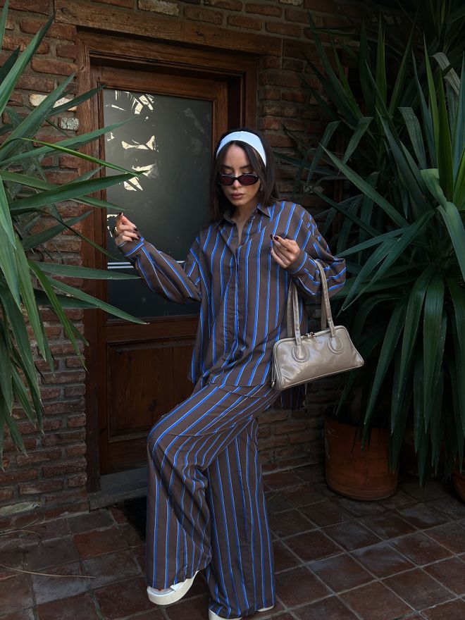 First Angels طقم قميص وبنطال من قماش الفسكوز مخطط بالقهوة 29046 ملابس بالجملة صيف