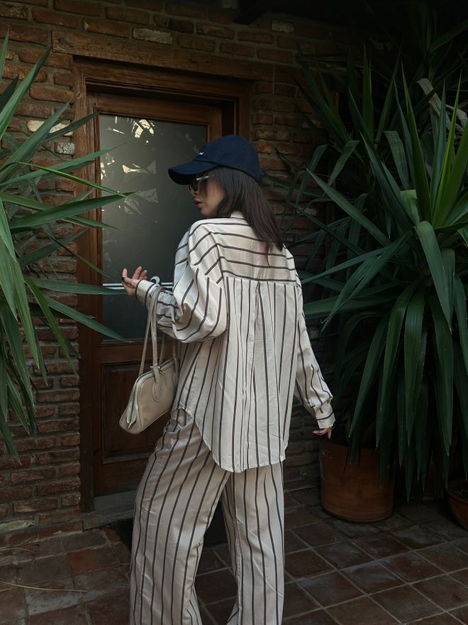 First Angels طقم قميص وبنطال من قماش الفسكوز مخطط باللون البيج 29046 ملابس بالجملة نايلون