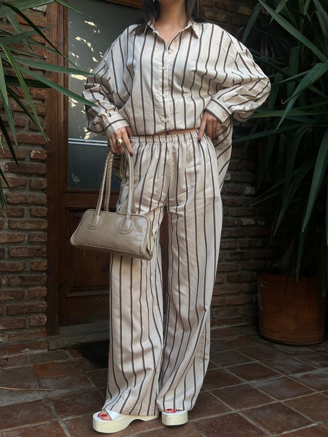 First Angels طقم قميص وبنطال من قماش الفسكوز مخطط باللون البيج 29046 ملابس بالجملة عيد ميلاد