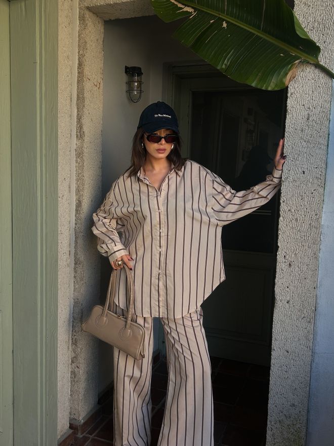 First Angels طقم قميص وبنطال من قماش الفسكوز مخطط باللون البيج 29046 ملابس بالجملة صيف