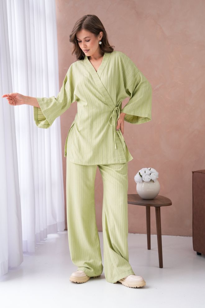 First Angels Uljno Zeleni Kimono Sa Bočnim Kravatom I Pantalonama Sa Samozarenim Uzorkom Donj/gornji Set 29059 Велепродаја одеће Неформалан