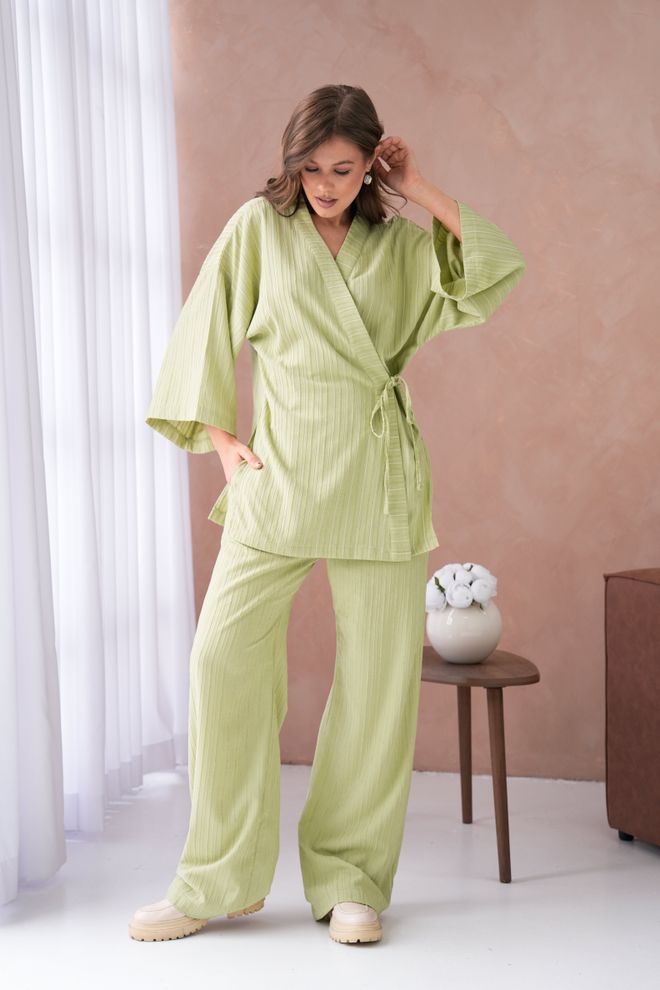First Angels Комплект Кимоно И Брюк Масляно зеленого Цвета С Самоузором И Завязками По Бокам 29059 Оптовая продажа одежды Полиэстер