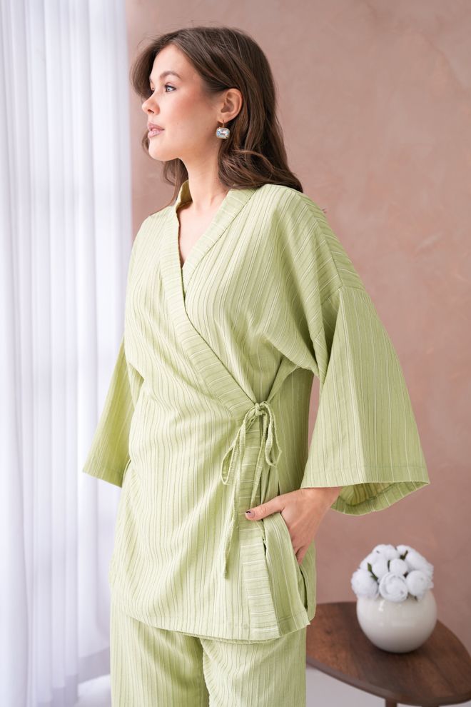 First Angels Комплект Кимоно И Брюк Масляно зеленого Цвета С Самоузором И Завязками По Бокам 29059 Оптовая продажа одежды 4