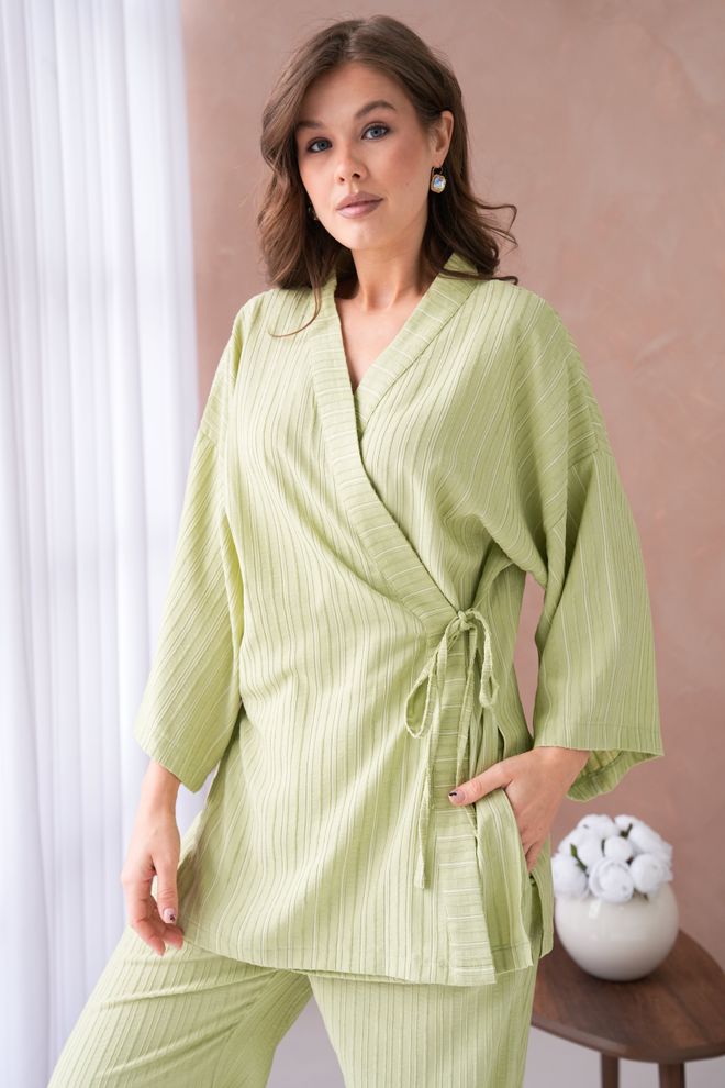 First Angels Комплект Кимоно И Брюк Масляно зеленого Цвета С Самоузором И Завязками По Бокам 29059 Оптовая продажа одежды 5