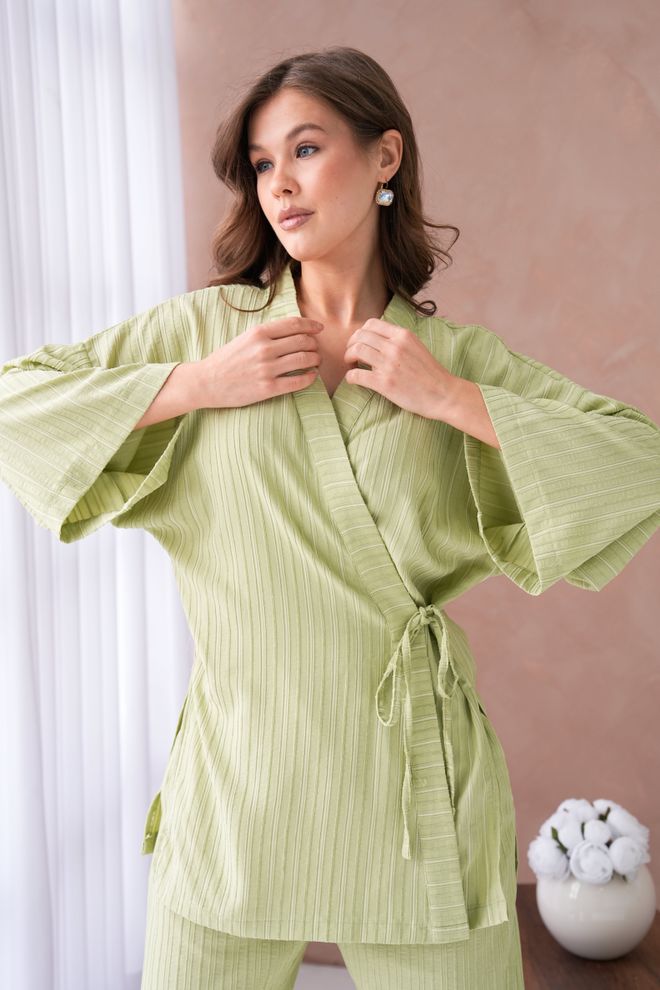 First Angels Комплект Кимоно И Брюк Масляно зеленого Цвета С Самоузором И Завязками По Бокам 29059 Оптовая продажа одежды 6