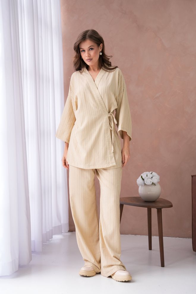 First Angels Комплект Бежевого Кимоно И Брюк С Самоузором И Завязками По Бокам 29059 Оптовая продажа одежды Полиэстер