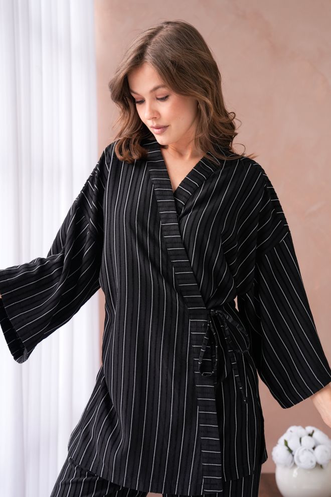 First Angels Черное Кимоно И Брюки С Самоузором И Завязками По Бокам Комплект Снизу/верха 29059 Оптовая продажа одежды Лето