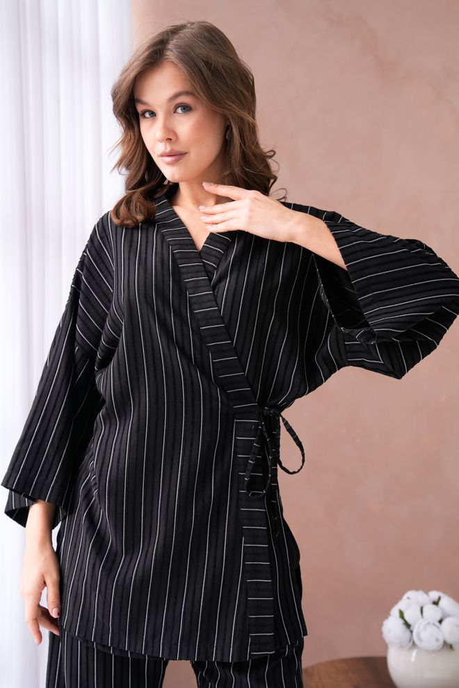 First Angels Черное Кимоно И Брюки С Самоузором И Завязками По Бокам Комплект Снизу/верха 29059 Оптовая продажа одежды 4