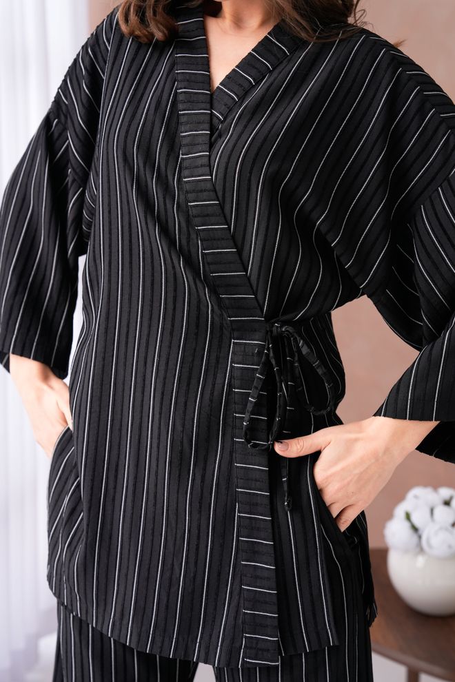 First Angels Черное Кимоно И Брюки С Самоузором И Завязками По Бокам Комплект Снизу/верха 29059 Оптовая продажа одежды 6