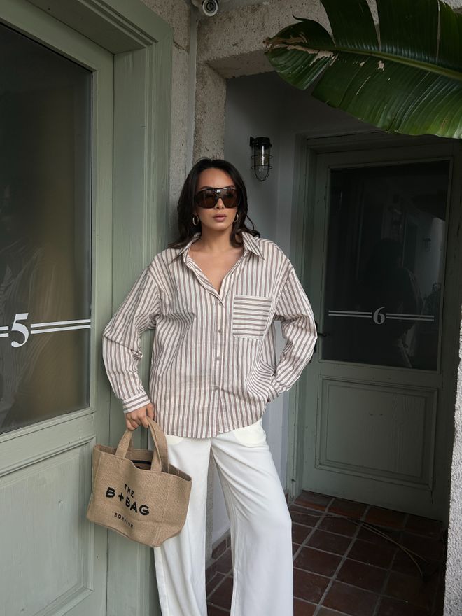 First Angels Mink Striped Oversize Pocket Detailed Cotton Shirt 29013 Wholesale Clothing Birthday