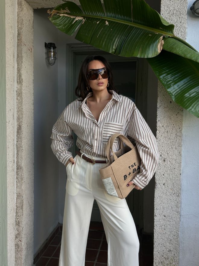 First Angels Mink Striped Oversize Pocket Detailed Cotton Shirt 29013 Wholesale Clothing Summer