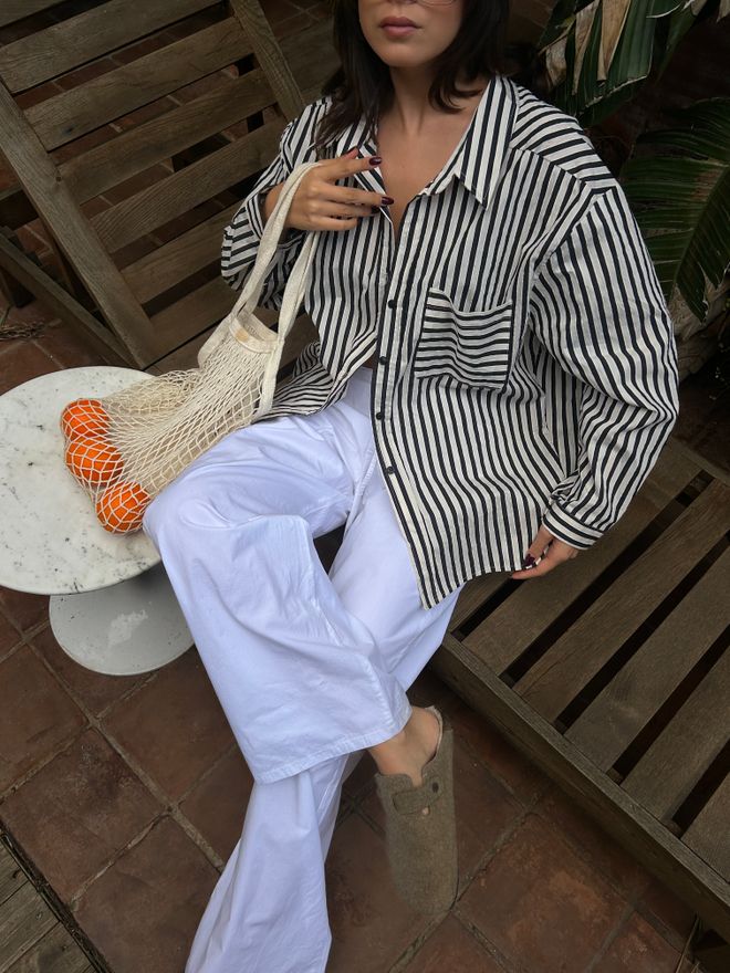 First Angels Black Striped Oversize Pocket Detailed Cotton Shirt 29013 Wholesale Clothing Cotton