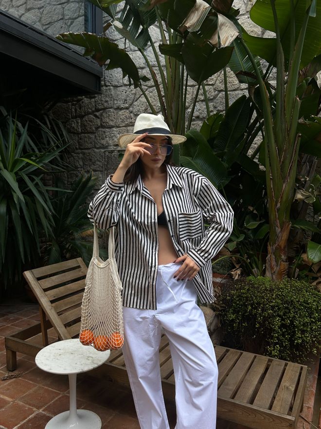 First Angels Black Striped Oversize Pocket Detailed Cotton Shirt 29013 Wholesale Clothing Beach