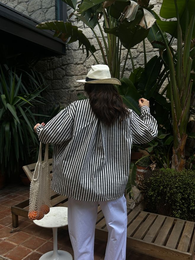 First Angels Black Striped Oversize Pocket Detailed Cotton Shirt 29013 Wholesale Clothing Summer