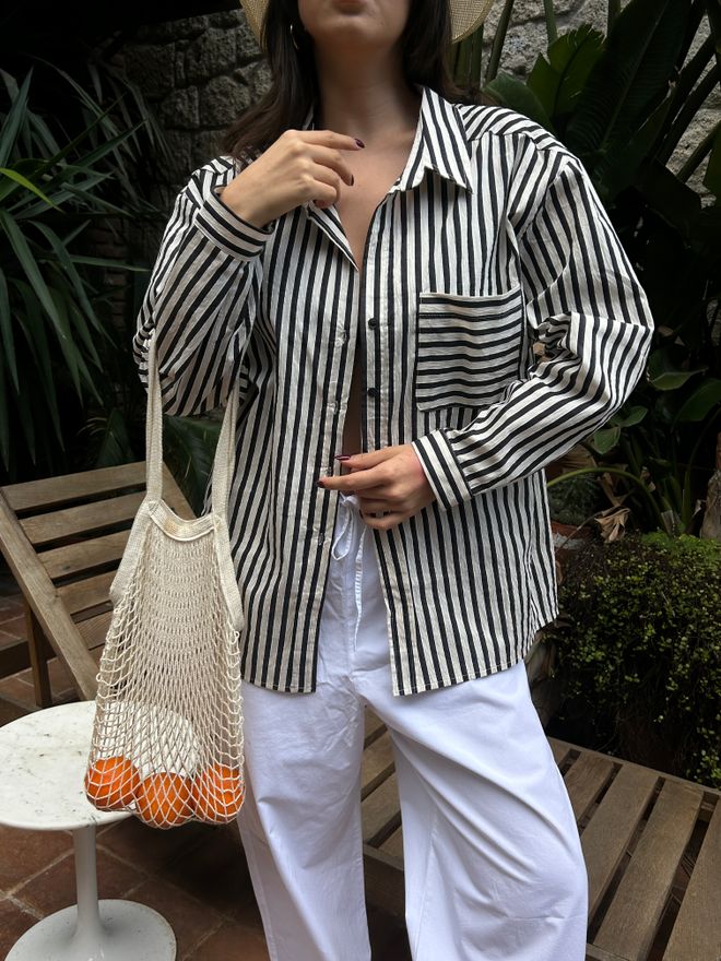 First Angels Black Striped Oversize Pocket Detailed Cotton Shirt 29013 Wholesale Clothing 4