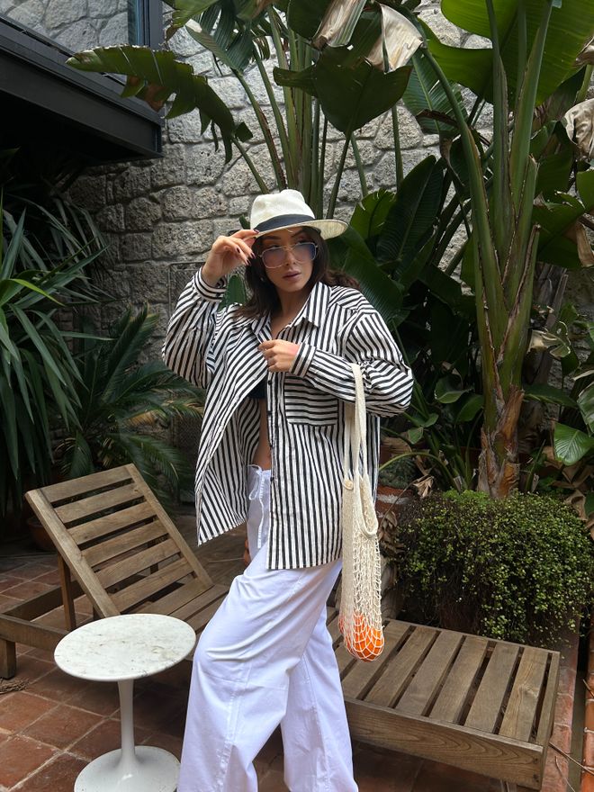 First Angels Black Striped Oversize Pocket Detailed Cotton Shirt 29013 Wholesale Clothing Polyamide