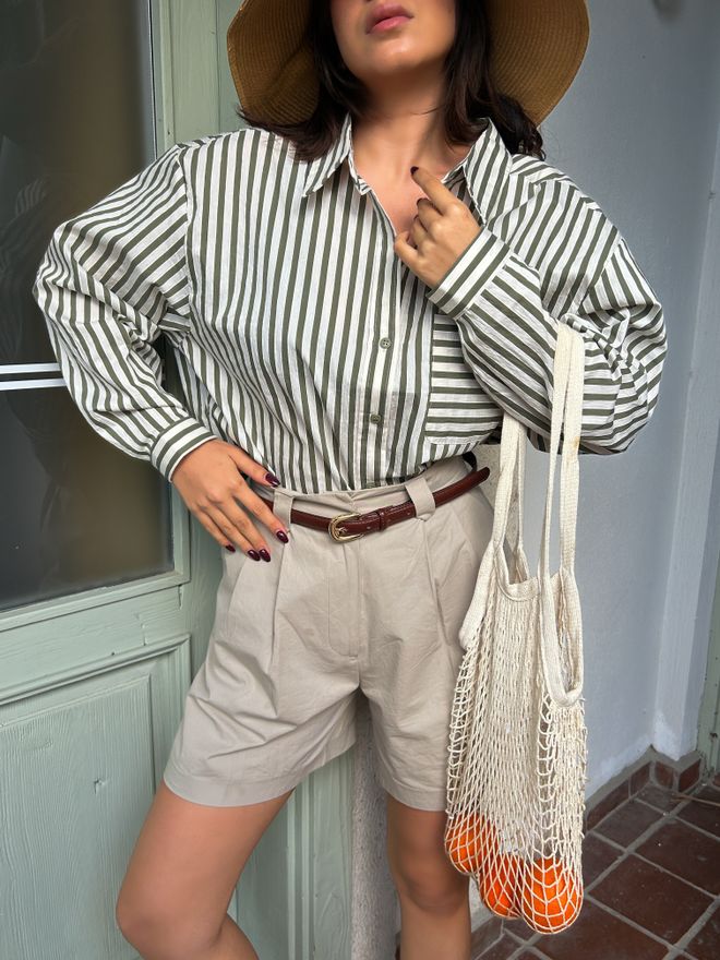 First Angels Haki Çizgili Oversize Cep Detaylı Pamuklu Gömlek 29013 Toptan Giyim Resmi