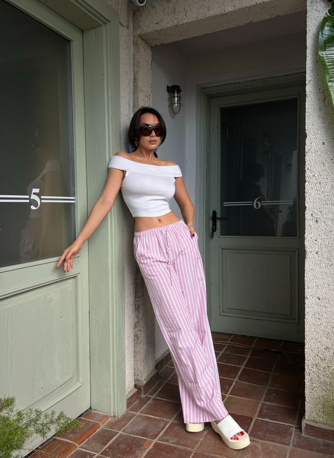 First Angels Pink Striped Elastic Wide Cut Pants 29058 Wholesale Clothing Casual