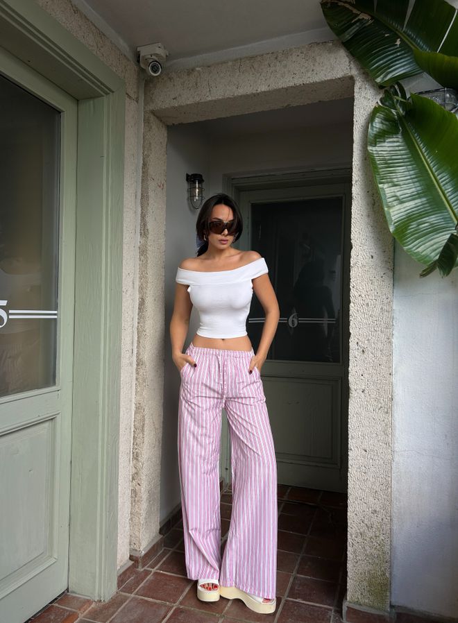 First Angels Pink Striped Elastic Wide Cut Pants 29058 Wholesale Clothing Polyester