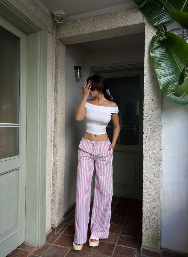 First Angels Pink Striped Elastic Wide Cut Pants 29058 Wholesale Clothing Lounge
