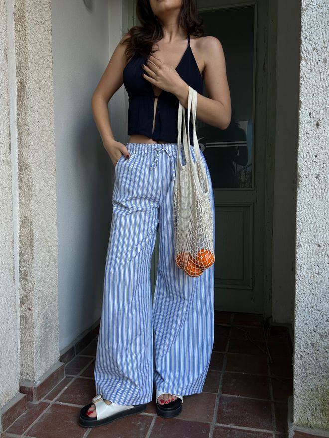 First Angels Blue Striped Elastic Wide Fit Pants 29058 Wholesale Clothing Polyester