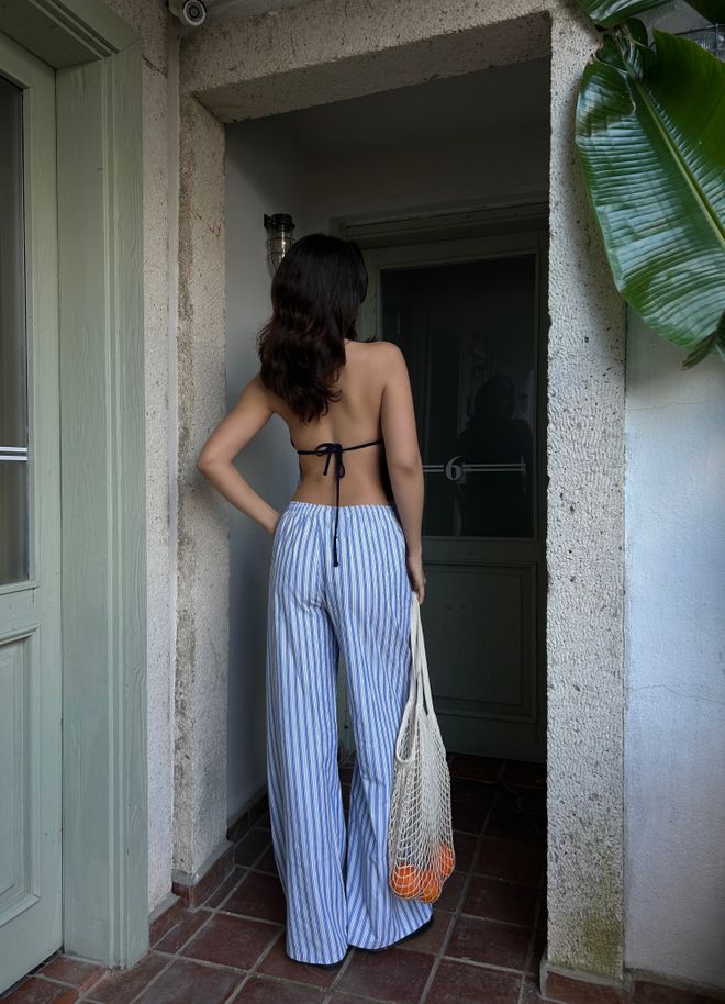 First Angels Blue Striped Elastic Wide Fit Pants 29058 Wholesale Clothing Lounge