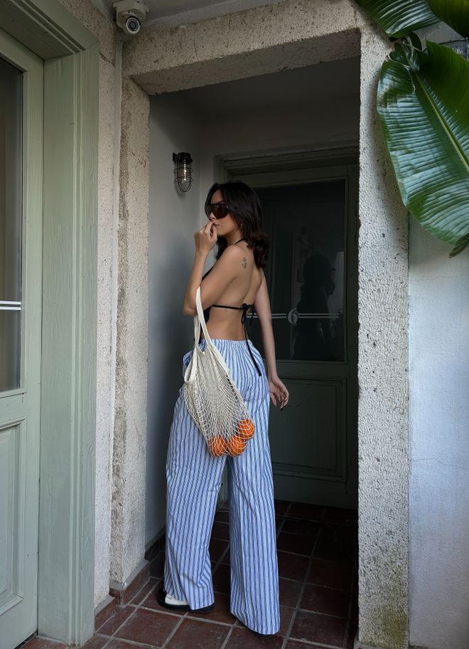 First Angels Blue Striped Elastic Wide Fit Pants 29058 Wholesale Clothing Summer