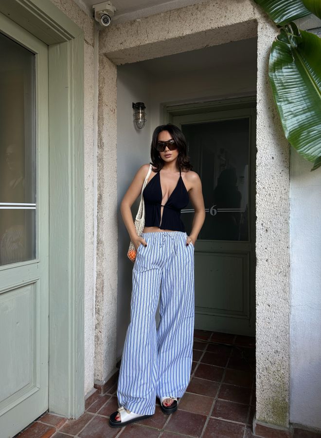 First Angels Blue Striped Elastic Wide Fit Pants 29058 Wholesale Clothing 5